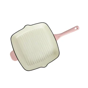 Pink Vitreous Enamel Square Cast Iron Grill Pan Non-stick Skillet with Oil Drip Spout Grilling Pan