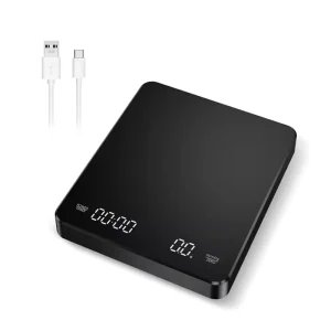 Portable Digital Kitchen Scale with Timer 3kg 0.1g USB Rechargeable Smart Food Weight Scale Black Mini Electronic Coffee Scale