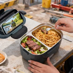 Portable Electric Heated Lunch Box with Phone Holder Stainless Steel Food Warmer Bento Box for Office Outdoor Construction Site