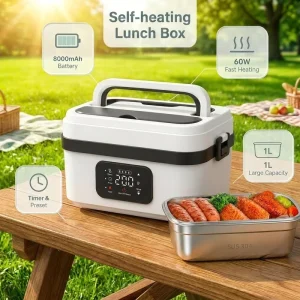 Portable Electric Lunch Box No Water Injection Reverse Charging 1L Wireless Rechargeable for Office Camping Travel