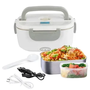 Portable Electric Lunch Box with Spoon 12V 24V Food Heater Rice Container Warm Keeping Stainless Steel Liner Bento Box