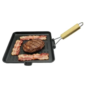 Portable Square Cast Iron Grill Skillet Preseasoned Grooved Grilling Pan with Removable Wood Handle & Grease Drip Spout