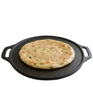 Pre-Seasoned Cast Iron Round Pizza Pan with Dual Handles Flat Baking Griddle Induction Compatible Cookware for Pizza