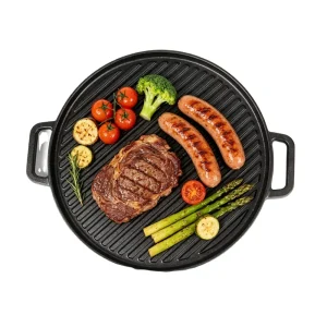 Preseasoned Round Cast Iron Reversible Griddle Ribbed Grill Surface & Flat Griddle Plate with Dual Handles