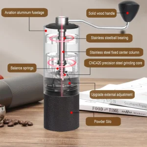 Professional Manual Burr Coffee Grinder Dual Bearing Aviation Aluminum Hand Crank Coffee Mill High Precision CNC Steel Core