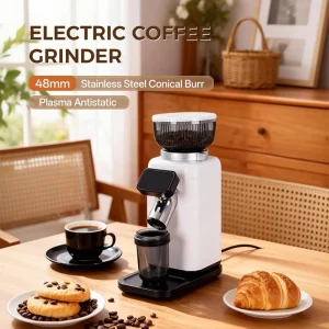 Professional Stainless Steel 48mm Conical Burr Electric Coffee Bean Grinder with LED Timer for Household