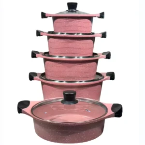 Realchef Korean B 10pcs Wood Grain Handle Chinese Style Glass Lid Induction Compatible Stackable Non-stick Cookware Set Granite