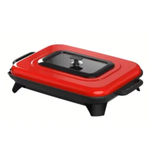 Red Electric Griddle with Glass Lid PTFE Non-Stick Korean BBQ Grill Pan for Home Outdoor RV Use 2-in-1 Grilling Skillet