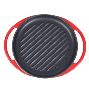 Red Enamel Cast Iron Ribbed Pattern Grill Pan Durable Heat Resistant Food Safe for Electric Gas Induction Cookers