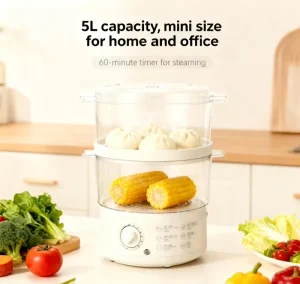Removable Base Electric Food Steamer Mechanical Control Stackable Baskets 5L Capacity Household Use Two Layer Design