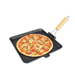 Ridged Surface Cast Iron Grill Pan Cast Iron Square Griddle Pan with Ridges & Foldable Wood Handle