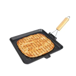 Ridged Surface Cast Iron Grill Pan & Square Griddle Pan with Foldable Wood Handle for Induction Cooker