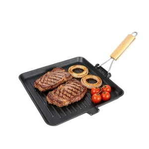 Ridged Surface Cast Iron Grill Pan & Square Griddle with Foldable Wood Handle for Gas & Induction Cookers Hand Wash Only