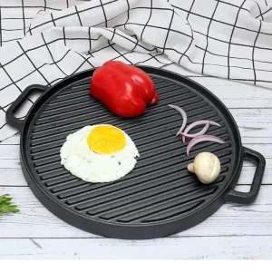 Round Pre Seasoned Black Cast Iron Grill Pan Food Safe for Electric Gas and Induction Classic Design Food Safe