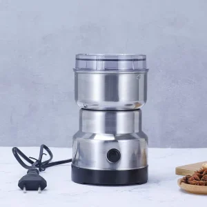 Silver Mini Electric Coffee Grinder for Household Use for Spices and Seeds with 2 Removable Stainless Steel Bowls