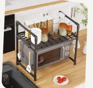 Single Layer Microwave Oven Rack Living Room Metal Storage Shelf with Kitchen Hooks Lacquer Finish Chopsticks Knife Holder