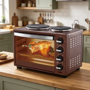 Small Household 25L Electric Oven With Two Top Cooking Hot Plates Rotisserie Spit for Roast Chicken Pizza Bread