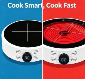 Smart Round Induction & Infrared Cooker Touch Knob Control Crystal Glass Portable Mini Household Cooktop