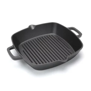 Square Cast Iron Ribbed Grill Pan Preseasoned Deep Grilling Skillet Double Helper Handles Dual Pour Lips Gas Induction Ready