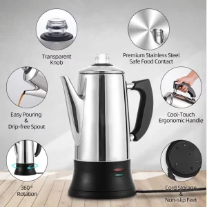 Stainless Steel Electric Coffee Percolator 12 Cups Easy-Pour Spout Stay-Cool Handle Make 4-12 Cups