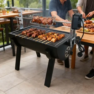 Stainless Steel Electric Rotisserie Chicken Machine Grill Powder Coated Adjustable Height Trolley for Outdoor Barbecue Cooking