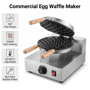 Stainless Steel Hong Kong Egg Waffle Machine 50-300C Adjustable Flip Bubble Waffle Maker Commercial Round Eggette Snack Machine