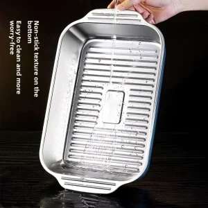 Stainless Steel Rectangle Modern Minimalist Grilled Fish Pan Double Handle Crawfish Pan Household Barbecue Extra Deep Multi Use