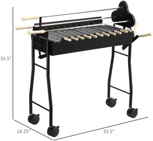 Strong Steel 4 Wheels Portable Rotisserie Charcoal BBQ Grill with Large Small Skewers