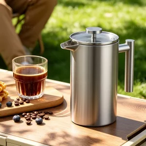 Tenrey Eco Friendly Double Wall Stainless Steel French Press Portable French Press Coffee Maker with Borosilicate Glass Lid