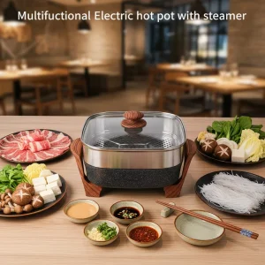 Thermostat Indoor Multi Electric Grill Frying Pan Barbecue Electric Hotpot Cooking Pot with Wooden Handles and Steamer