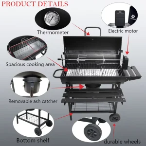 Trolley Smoker Charcoal Grill Steel Powder Coated Remote Control Non Stick Grilling Surface for Rotisserie Roast Chicken Outdoor