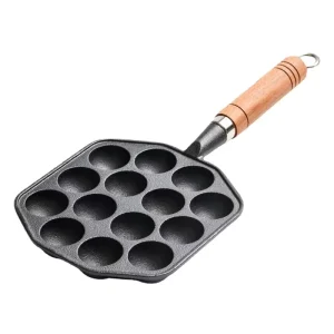 Versatile Cast Iron Nonstick Takoyaki Maker Anti Scald Wooden Handle Dishwasher Safe Hanging Loop