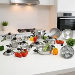 Waterless Greaseless Cookware Surgical Stainless Steel 304 Cookware Set 23Pcs Wide Rolled Edge Induction Pot and Pan
