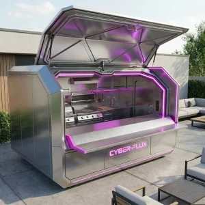 Weatherproof 304 Stainless Steel Outdoor Kitchen Cabinets Motorized Flip up Cover BBQ Grill Station