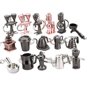 Zinc Alloy Mini Coffee Cup Spoon Tamper Keychain Coffee Lover Keyring Creative Coffee Maker Set Accessory Promotioinal Gift